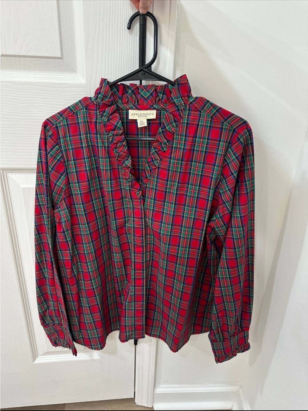 Appleseed's Red Green Plaid Ruffle Neck Shirt